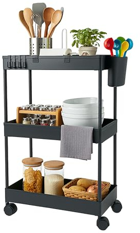Relaxdays rullvagn, 3 våningar, serveringsvagn, svart | köksvagn badrum & kontor, HBT: 62,5x40x22 cm, hobbyvagn