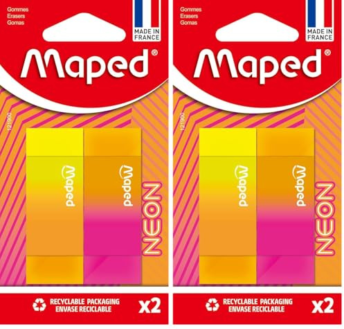 Maped - Gommes Neon Bi-Couleurs - Gomme Efficace, ne Laisse pas de Trace - Format Rectangle 22x12x61mm - 2 Gommes Néon (Lot de 2)