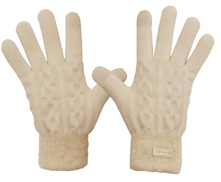 ZEMINRI Thermal Gloves Beige Warm Gloves Winter Women Thermal Glove Winter Fleece Lining Touchscreen Ladies Dog Walking Thermal Glove Women Windproof Double-knit for Daily Outdoor Work