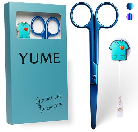 YUME Forbici da Infermiere in Acciaio Inox con Punta Arrotondata Professionali + Portachiavi Retrattile in Omaggio | Forbici Mayo | Regalo Perfetto per Infermieri | Accessori OSS/TCAE (AZUL)
