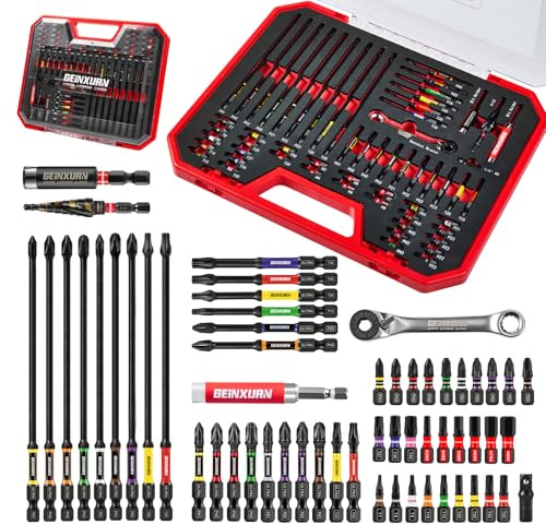 Geinxurn 58tlg. Schlagfester Schraubendreher Bits Set, inkl. S2-Stahl Bitsatz (PH/PZ/TORX/HEX), Mini Ratsche, Stufenbohrer, Stecknuss Adapter und Magnetischer Bithalter mit Rot Aufbewahrungsbox