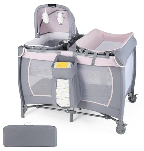 COSTWAY 5 in 1 Travel Cot, Portable Baby Crib Bassinet with Rocking Bassinet & Diaper Changing Table, Mattress, Hanging Toys, Music Box & Carry Bag, Folding Infant Playard from Newborn (Pink+Grey)