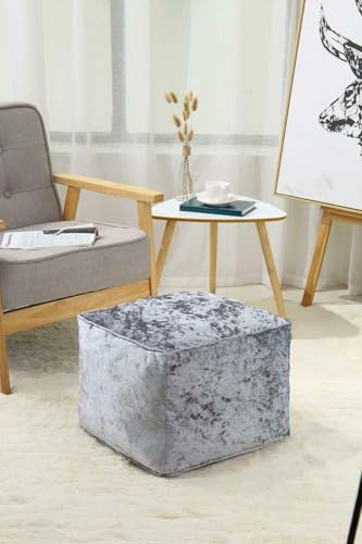 Artistic Fashionista Limited Crushed Velvet Bean Bag Cube Footstool – Soft Touch Square Beanbag Pouffe Ottoman – Comfortable Indoor Seat & Lounge Chair – 40x40x30cm (Silver)