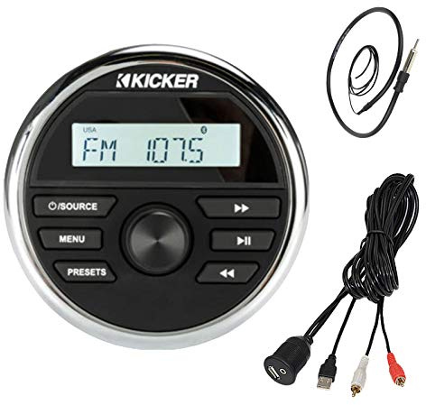 Kicker Marine Boat Yacht Gauge Style AM/FM Radio Stereo Receiver Media Player Bundle Combo with Enrock USB/AUX to RCA Interface Mount Cable + 22 Radio Antenna