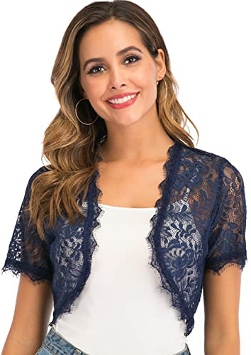 Bolero in pizzo da donna, gilet corto, elegante, per matrimonio, a maniche corte, giacca aperta, chic, per abito con bretelle, Blu marino, XL
