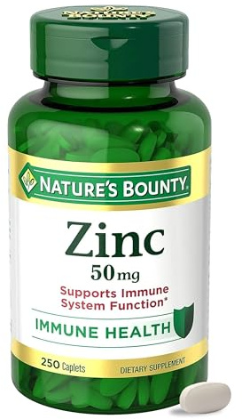 Nature’s Bounty Zinc 50mg, Immune Support & Antioxidant Supplement, Promotes Skin Health, 1 Caplet Per Day, Gluten Free, 250 Vegetarian Caplets