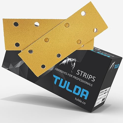Tulda Sanding Paper Sheets Strips P120 70x198 8 Holes - Sandpaper Grits Hook & Loop Pads Rectangular Electric Orbital Sander - Long Lasting Efficient All Surfaces (Box of 50 PCS)
