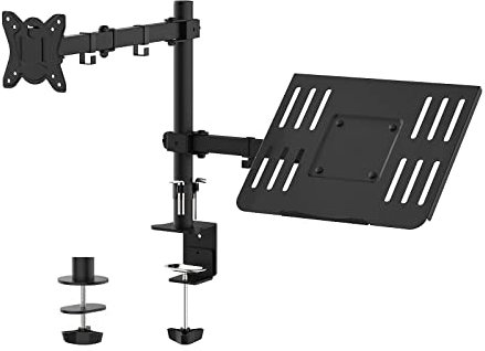 GRIFEMA Support Ecran PC 2 Ecran avec Plateau pour Ordinateur Portable, Bras Ecran PC VESA 75x75-100x100 MM, Rotation à 360°, Inclinaison d'angle de ± 90°, Réglable en Hauteur, Poids Max 10KG, Noir