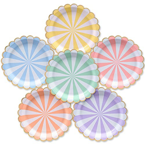Assiettes en Papier Confettiville, 50-Paquet, Assiettes Jetables, Bordure Festonnée en Or, Rayures Pastel, 6 Couleurs, 23 cm