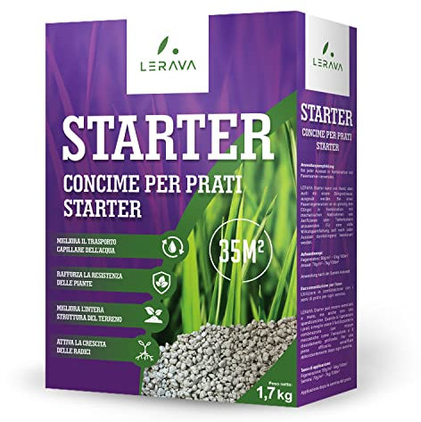 LERAVA STARTER® engrais pour gazon - favorise la croissance des racines - à combiner avec les semences de gazon - renforce la résistance - engrais pelouse - engrais gazon printemps - 150m²