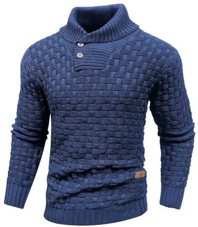 Qinfren Herrtröjor toppar vinter varm stickad ståkrage jumper långärmad stickade pullover tröjor för män knappar tvinnad vinter jumper, BLÅ, L