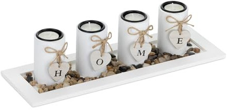 Relaxdays Set Portavelas con Bandeja y Piedras Decorativas, 39,5 cm de Largo, 4 Velitas, Decoración de Mesa, Blanco
