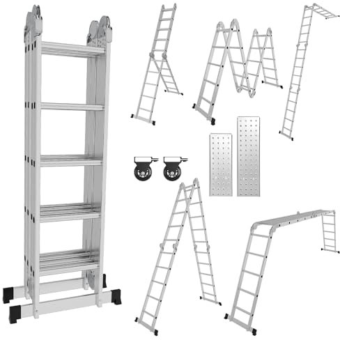 Izrielar Mehrzweckleiter 4x4 Stufen 4.7M 7 in 1 Aluminium Mehrzweckleite, Multifunktionsleiter mit 2 Transport Rollen und 2 Plattform|bis 150 kg, Klappleiter, Anlegeleiter Steigleiter