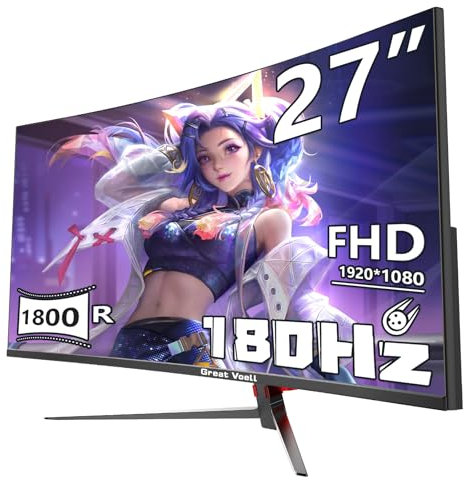 Great voell 27-Inch Curved Gaming Monitor, 180Hz, FHD (1920x1080P), HDR, 99% sRGB, FreeSync, Anti-Blue Light, VESA Mountable, HDMI 2.0 & DP 1.4, Tilt Adjustable, 16:9 PC Screen