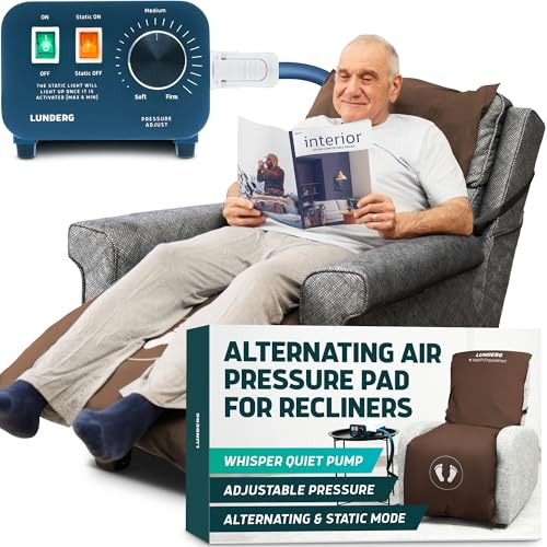 Lunderg Alternating Air Pressure Pad for Recliner Chair - Pressure Relief Cushion Topper for Recliner - Bed Sore Prevention - Medical Grade Mattress Pad, Cover & Quiet Pump - Home or Hospital (Coffee)