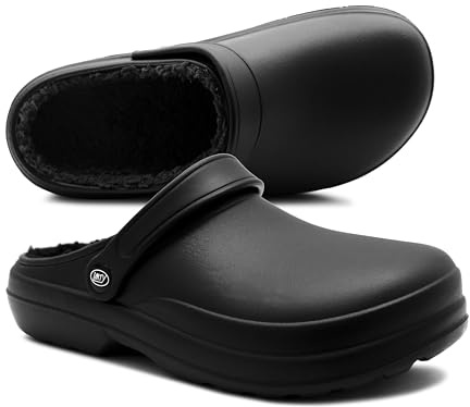IMTY Womens Clogs Warm Fleece Lined Thermal Waterproof Lightweight EVA Garden Clogs Kitchen Nurse Faux Fur Slippers House Shoes (Black, UK Footwear Size System, Adult, Women, Numeric, Medium, 6)