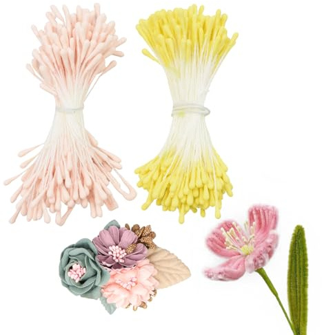 Coriver Konstgjord blomma, ståndare, 350 st rörrengörare, blommor, ståndare, dubbelt huvud, blomma, ståndare för hantverksprojekt, buketttillbehör för gör-det-själv bröllopsfest (rosa + gul)