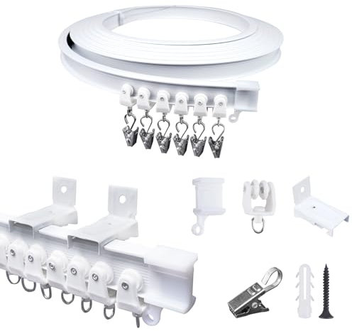 FOGAWA 5m Binario per Tende a Parete con 40 Clips in Ferro,Flessibile,Curvo, Binario PVC Montato Lateralmente, Sistemi di Scorrevole Binario Tende da Doccia, Divisori per Ambienti, per Camper,Bianco
