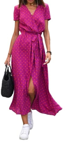 Dam sommar Maxiklänning V-ringad Casual Party Flowy Lång Klänning Blommor Cocktail Midi Polka Dot Omlottklänningar(1,Small)
