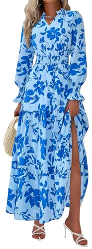 PRETTYGARDEN Women's Floral Maxi Dress 2026 Fall Long Sleeve V Neck A Line Long Flowy Spring Party Boho Dresses (Floral Light Blue,X-Large)