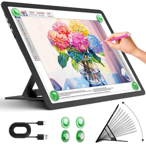 Zocelight Tableau lumineux A3 rechargeable avec support intégré, boîte à lumière magnétique super lumineuse pour le traçage, tampon lumineux sans fil pour peinture au diamant, boutons latéraux