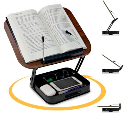 Support de livre pour lecture, support de livre pliable avec base pivotante à 360° et clips de page élastiques, support d'affichage de livre de cuisine en bois pour bureau, cuisine, manuels, recettes