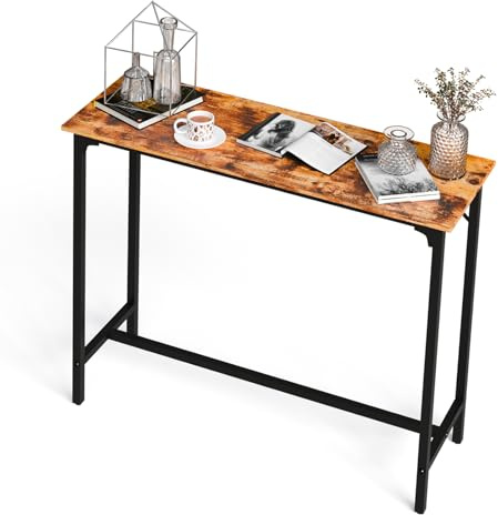 Bonnlo 110cm Bar Table, Pub Breakfast Table with Metal Frame, Narrow Rectangular High Table for Kitchen Dining Living Room Small Space, Brown