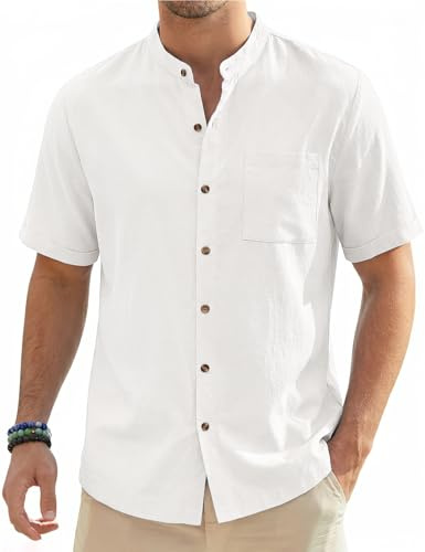 Xnova Mens Cotton Linen Shirt, Short Sleeve Grandad Collar Henley Shirts for Men UK, Casual Summer Holiday Beach Button Down Shirts Regular Fit with Chest Pocket
