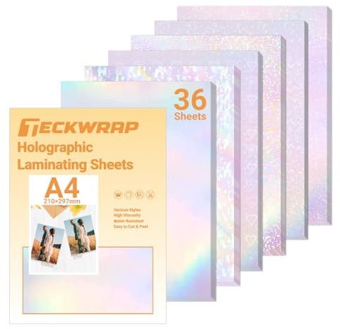 TECKWRAP Holographic Laminate Sheets for Sticker Paper Laminate A4 36pcs | (Holo,GalaxyStar,Heart,Gem,Sparkle,Star) 6 Styles Waterproof A4 Self Laminating Sheet for Inkjet Printable DIY Vinyl Sticker