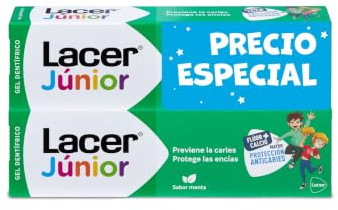 LACER JUNIOR - Gel Dental Pack 2 x 75 ml Sabor Menta, Pasta de Dientes para Niños a partir de 6 Años - Previene la Caries - Fórmula de Flúor Más Calcio - Cuida los Dientes de Leche
