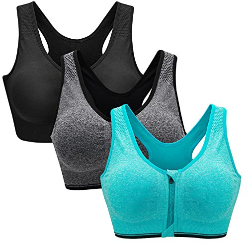 Zoerea Sports BH Damen Push Up Zip Front, 3er Pack Impact Yoga Bra, Gr.-M: Fit 75A 75B 75C 75D 80A 80B, Schwarz,grau und Grün