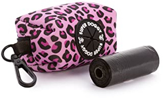 SUPER DOGGY Distributeur de sacs à crottes pour chiens - Porte-sac à crottes avec motifs amusants - Sacs à crottes pour chiens - Rouleau de sacs inclus (Pink Leopard)