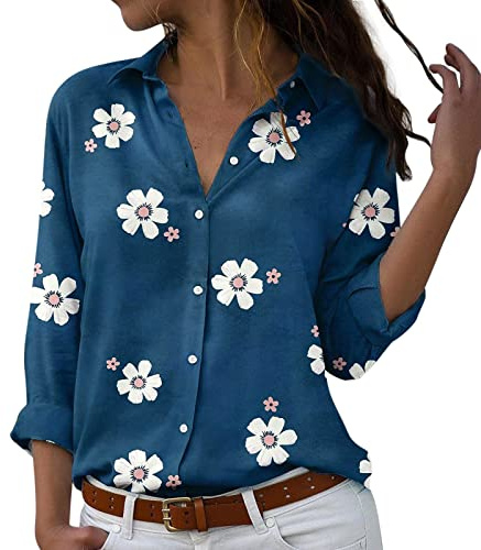 Blusa y Camisas de Manga Larga Para Mujer con Cuello en V, Camiseta de Estilo Casual Elegante Ajustada Irregular Oversized Deportiva Fiesta Rayas Túnica Tops Mangas Enrolladas con Botones