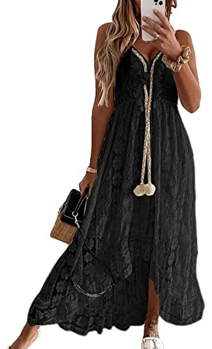 CUPSHE Robe d'été pour Femme Boho Maxi à Lacets avec Pompon col en V évasé à Volants Robes de Plage Noir L