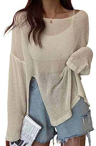 Bsubseach Kvinnor Virkad Baddräkt Fodral Upp Sheer Bikini Strand Toppar Sexig Mesh Sommar Outfit, Lätt aprikos, one size