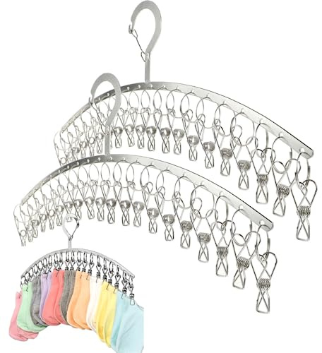 Upgraded 2 Pack Stainless Steel Laundry Drying Rack - Windproof Clothes Hangers with 20 Clips for Socks, Towels, Diapers, Bras, Baby Clothes, Underwear, Scarves, Hats, Gloves