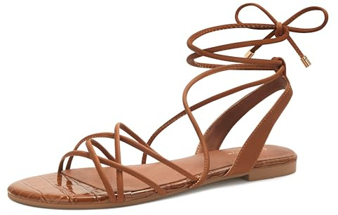 PARTY Women's Strappy Sandals Gladiator Lace Up Flats Summer Wrap Open Toe Tie Up Shoes, Brown, 8
