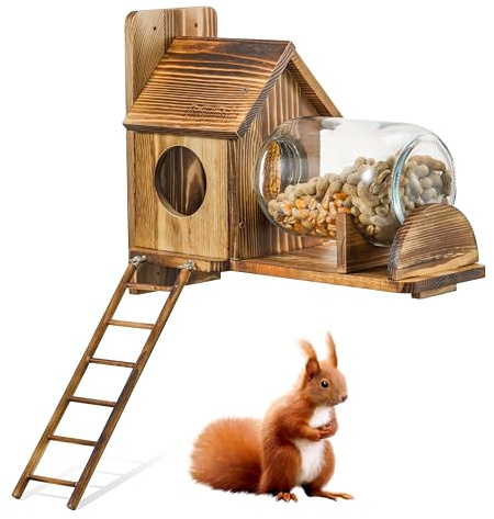 Boulphia Squirrel Feeder Wood Squirrel Feeders for Outside Funny Squirrel House with Nut Peanuts Storage Bottle and Corn Cob Holder
