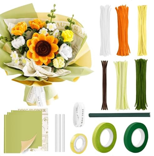 YAOZUP Pfeifenputzer Blumen,Bastelbedarf mit 200 Stück Pfeifenputzer Bunt mit 7 Farben,Sonnenblumen Blumenstrauß Pfeifenreiniger Set,Chenilledraht 30cm,Pipe Cleaner für Hochzeit Geschenk Dekorationen