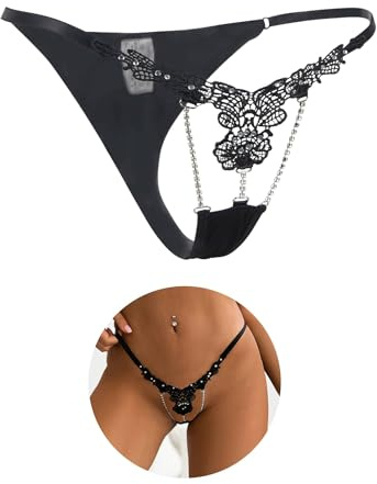 ohyeah Lace G-String Thongs for Women Black Micro G String Thong Rhinestone T-Back Tangas Adjustable Waist Lace Bikini Panties High Cut Panties XL