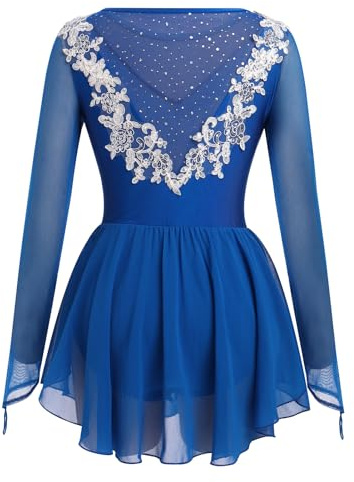 AFAVOM Women Girls Figure Ice Skating Dress Adult Kids Long Sleeve Mesh Sequin Flower Ballet Dance Leotard Shiny Rhinestones Sparkle Lyrical Costume for Competition Performance Dancewear Royal Blue S