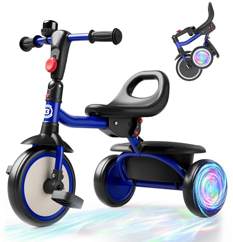besrey Kids Tricycle with Flash Wheels for Ages 18 Months to 5 Years, Toddler Bike with Bell, Kids Tricycle, Trike for Toddlers, Blue Flash