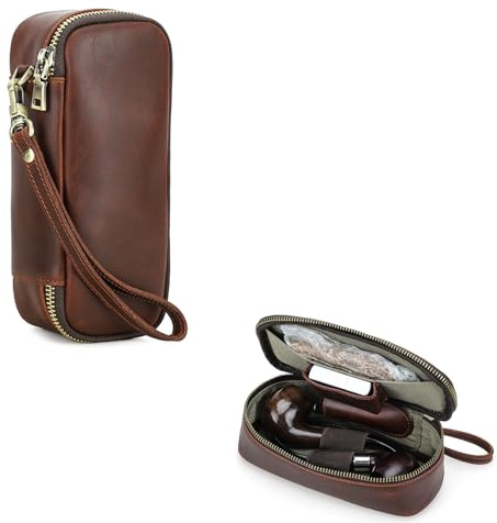 Hiram - Custodia per sigari in vera pelle, humidor portatile multifunzionale, scatola da viaggio per sigari, sacca porta pipa da tabacco per uomini, For 2 Pipes, Vintage