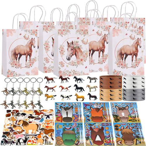 NlsqEU 110 pezzi per feste di compleanno per bambini, decorazioni di compleanno per cavalli, sacchetti regalo, portachiavi modello giocattolo, braccialetto in silicone, adesivi fai da te, adesivi per
