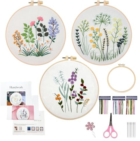 Hanlintk Kit de broderie pour débutants, avec motif floral et plantes, avec 1 cerceau à broder, instructions (français non garanti) et outil de point de croix pour bricolage