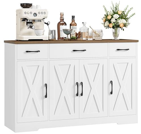 HOCSOK Sideboard, 140 cm Breit Küchenschrank mit 2 Verstellbaren Regalen, Buffetschrank mit 3 Schubladen 4 Türen, Küchenbuffet für Wohnzimmer, Küche, Flur, Weiß & Braun