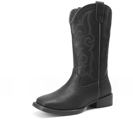 DREAM PAIRS Women's Cowboy Boots Embroidered | Square toe, cushioned arch, textured outsole, embroidery, mid-calf
