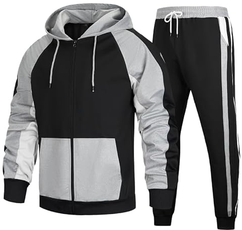 AOTORR Mens Tracksuit Set Full Zip Hooded Jacket Jogging Patchwork Tops Bottoms Sweatshirt Suit Black Gray XL