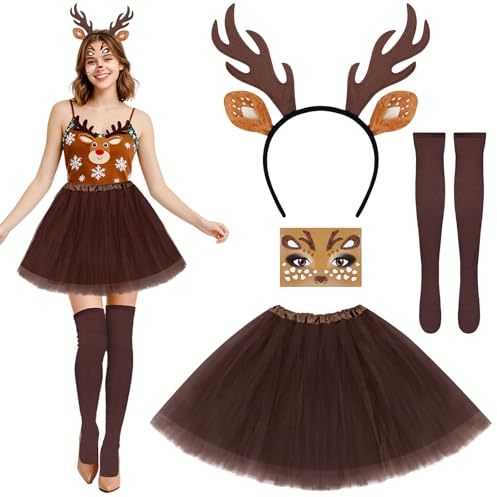 Dreamtop Disfraz de ciervo para mujer – Disfraz de carnaval para adultos con falda de tul marrón, diadema, calcetines, pajarita tatuaje facial para carnaval, Navidad, fiesta