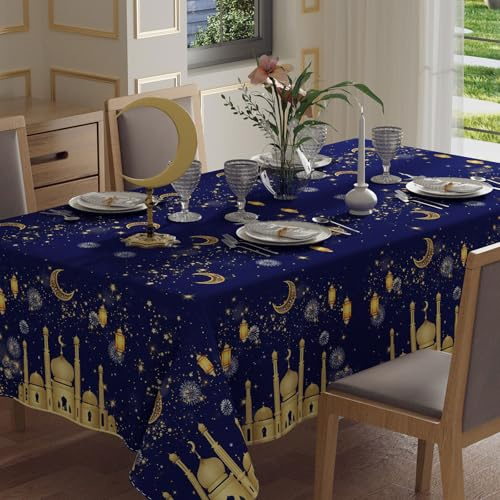 XCHI Golden Castle Moons Stars Lantern Fireworks Ramadan Kareem Tablecloth Rectangle Table Cloth Table Covers for Indoor Dining Home Party Decorations 52x70 Inch